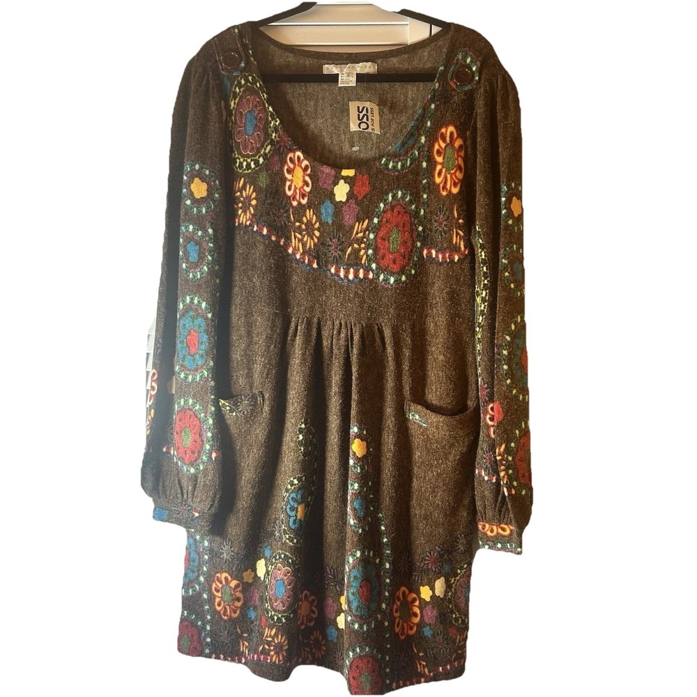 Bette Paige Large Brown Floral Knit Boho Flowy Festival Fun Dress MSRP $99